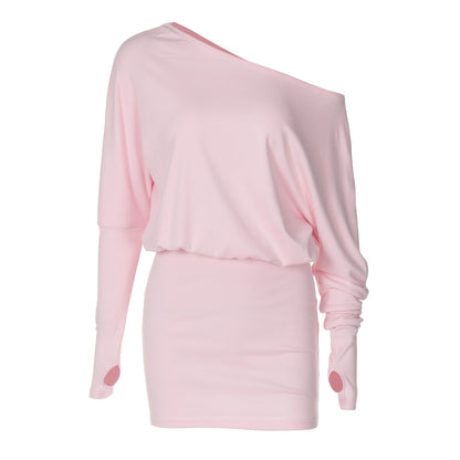 Women Clothing Autumn Personalized One Shoulder Cold Shoulder Long Sleeve Faux Two Piece Waist Slimming Hip - Wanita Store