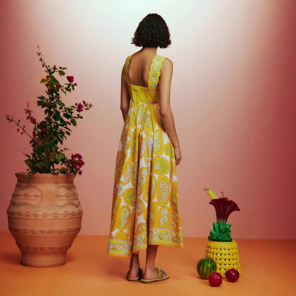 Vestido de mujer sexy de verano con tirantes estampados, cintura alta y falda acampanada