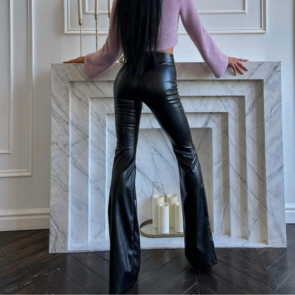 Women Clothing Winter High Waist Light Sense Faux Leather Pants Trousers Black Glossy Flared Pants Women Pants - Wanita Store