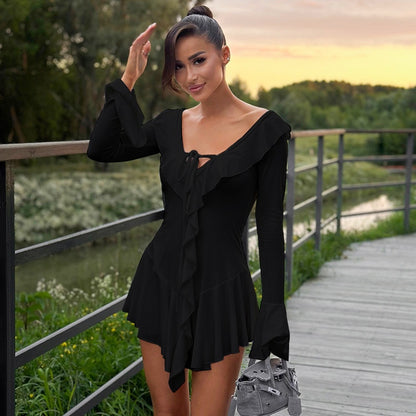 Women Clothing Ruffled Pointed Collar Rope Bell Sleeve Dress - Wanita Store