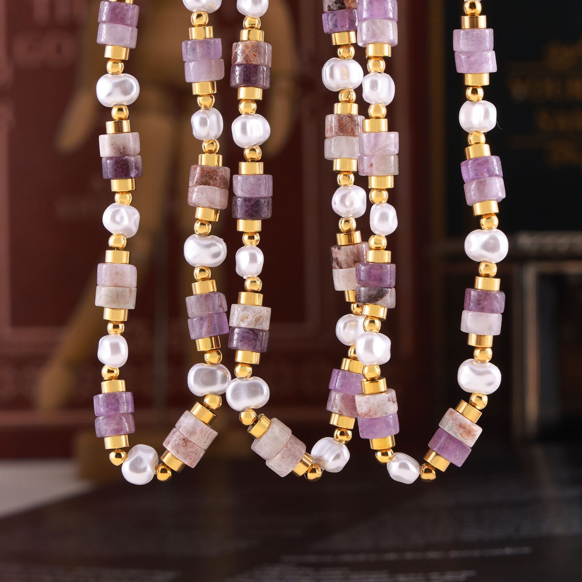 Simple Personality Elegant Gentle Shell Pearls Amethyst Handmade Beaded Design Titanium Steel Gold Plated Necklace - Wanita Store