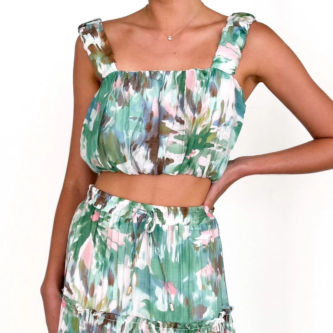Women Clothing Retro Sleeveless Short Corset Spaghetti Strap Floral Print High Waist Skirt Two Piece Set for Women