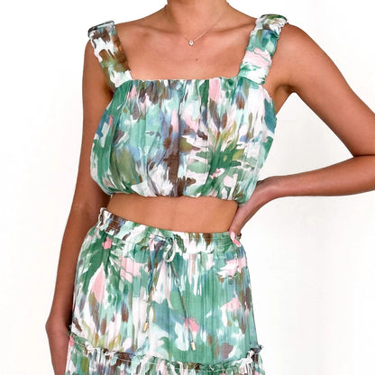 Conjunto de dos piezas para mujer, retro, sin mangas, corsé corto, tirantes finos, estampado floral, falda de cintura alta