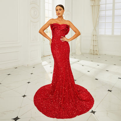 Bandeau Sexy Long Sequined off Neck Cocktail High End Evening Dress Bridesmaid Dress - Wanita Store