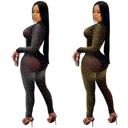 Women Clothing Sexy Tight Mesh See-through Long Sleeve Rhinestone Two-Piece Set Blouse Pants Women - Wanita Store