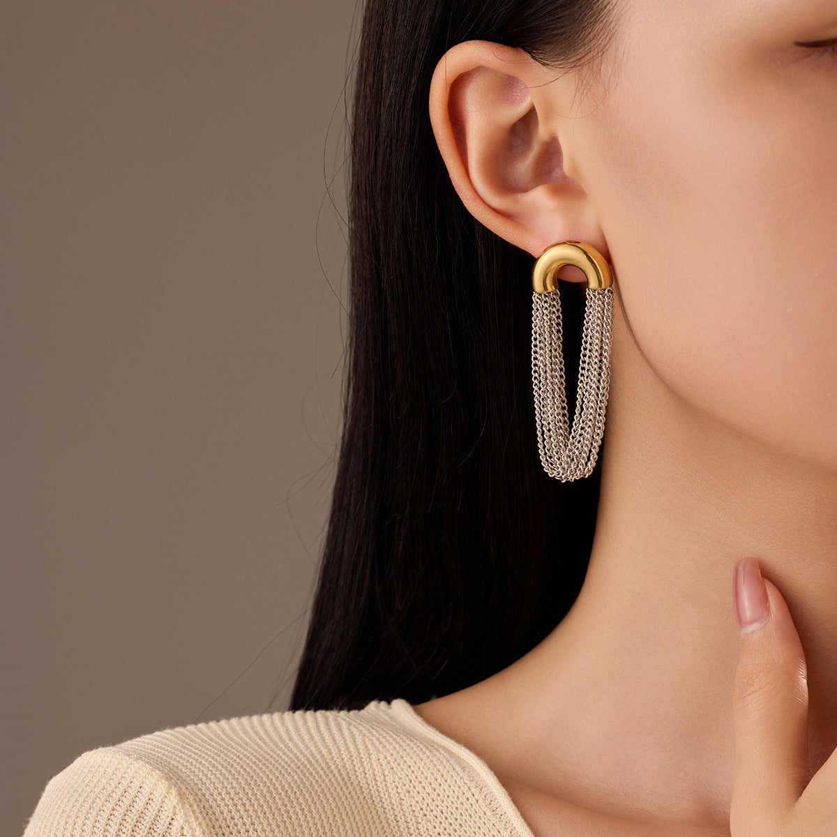 Simple Curved Chain Elegant Long Tassel Stainless Steel Studs C Type Design High-Grade Exquisite Titanium Steel Earrings - Wanita Store