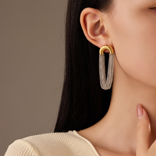 Simple Curved Chain Elegant Long Tassel Stainless Steel Studs C Type Design High-Grade Exquisite Titanium Steel Earrings - Wanita Store