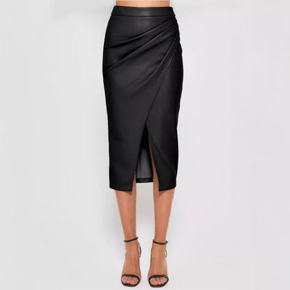 Women Clothing Faux Leather Split Skirt Autumn Winter High Waist Zipper Heap Pleated Leather Skirt Sexy Hip Skirt - Wanita Store
