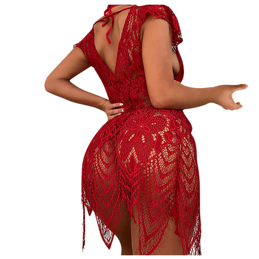 Women Sexy Red Mesh Lace Sexy Suit June
