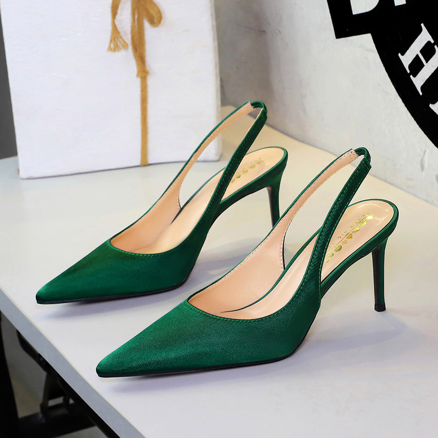 Cocktail Satin High Heels Women Pointed Toe Shallow Mouth Back Empty Back Strap Pumps Bridesmaid Closed Toe Sandals Women
