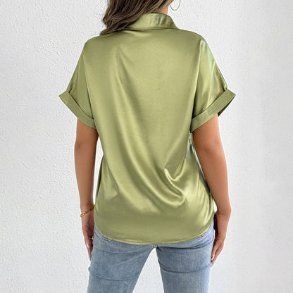 Women Clothes Summer Blue Color Satin Shirt Women Satin Shirt - Wanita Store
