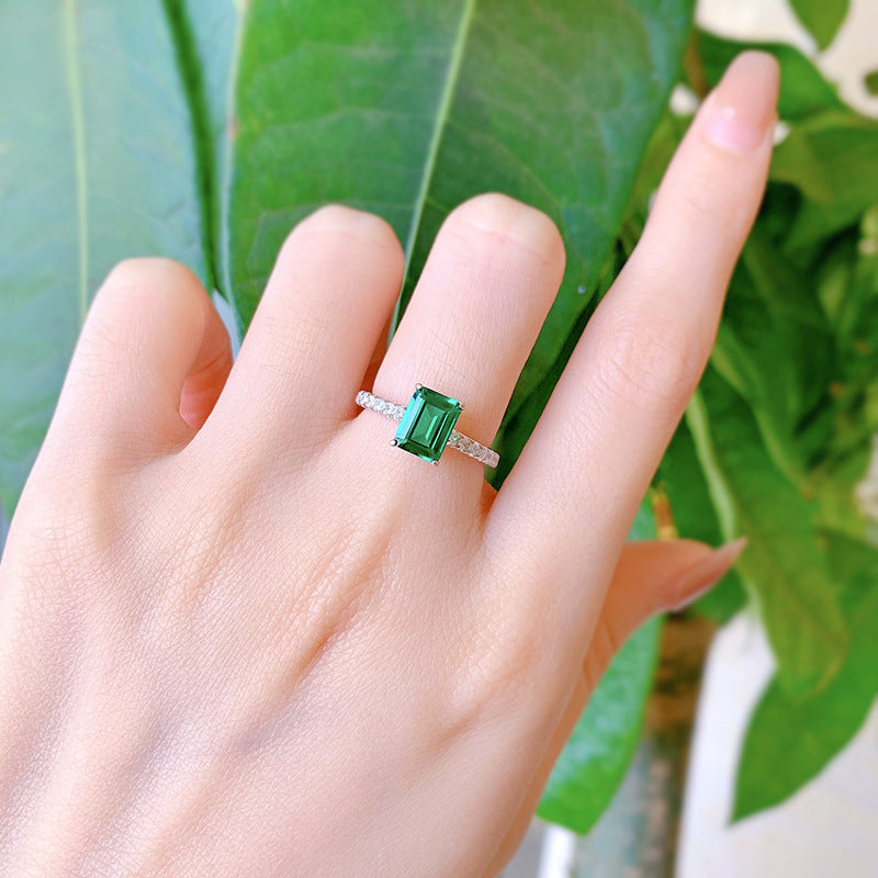 Jewelry Silver Retro Rectangular 6*8 Green Zirconium 1 Karat High Carbon Diamond Women Ring - Wanita Store