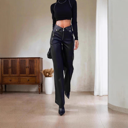 Pantalones de cuero de mujer de cintura alta, de piel sintética, para discoteca, con cremallera metálica, de pierna recta, para invierno