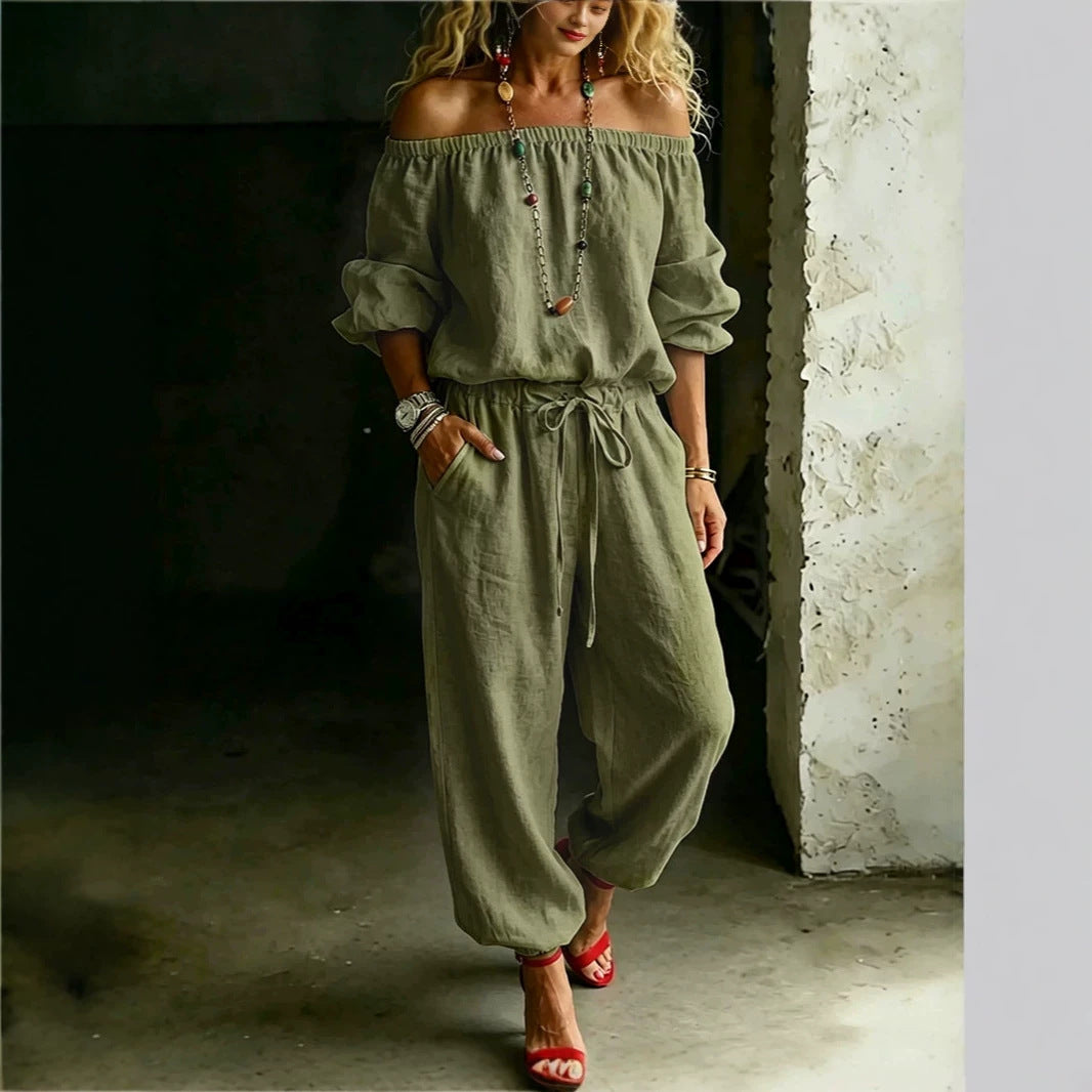 Off Shoulder Top Casual Drawstring Jogger Pants One Piece