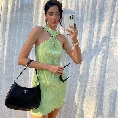 Round Neck Twisted off Shoulder Short Dress Women Summer Pleated Sexy Dress - Wanita Store