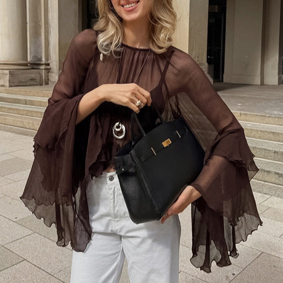 Blusa de chifón suelta suave con cuello redondo y manga con volantes para mujer, llegada de primavera