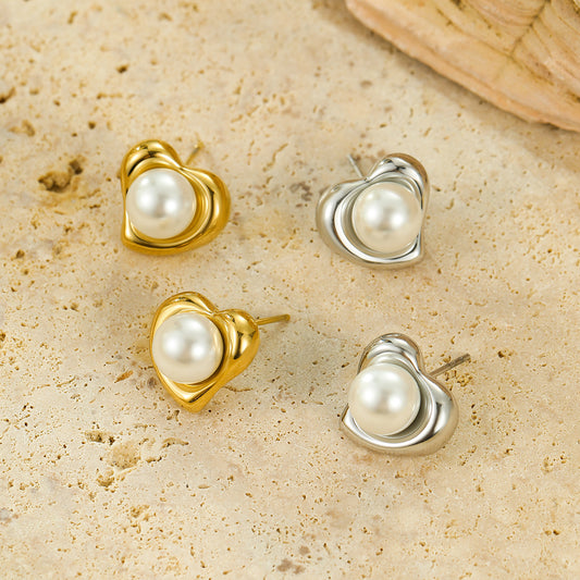 Retro Light Luxury High Grade Stainless Steel Gold Plated Heart Inlaid Pearl Titanium Steel Ear Studs Earrings Ornament - Wanita Store