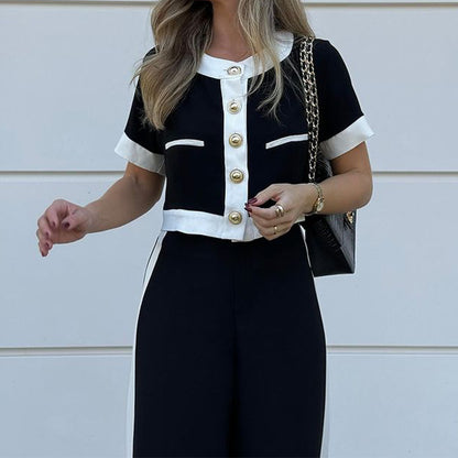 Autumn Winter Women Clothing Office T Shirt Shory Top Straight Leg Pants Suit Two Piece Set - Wanita Store