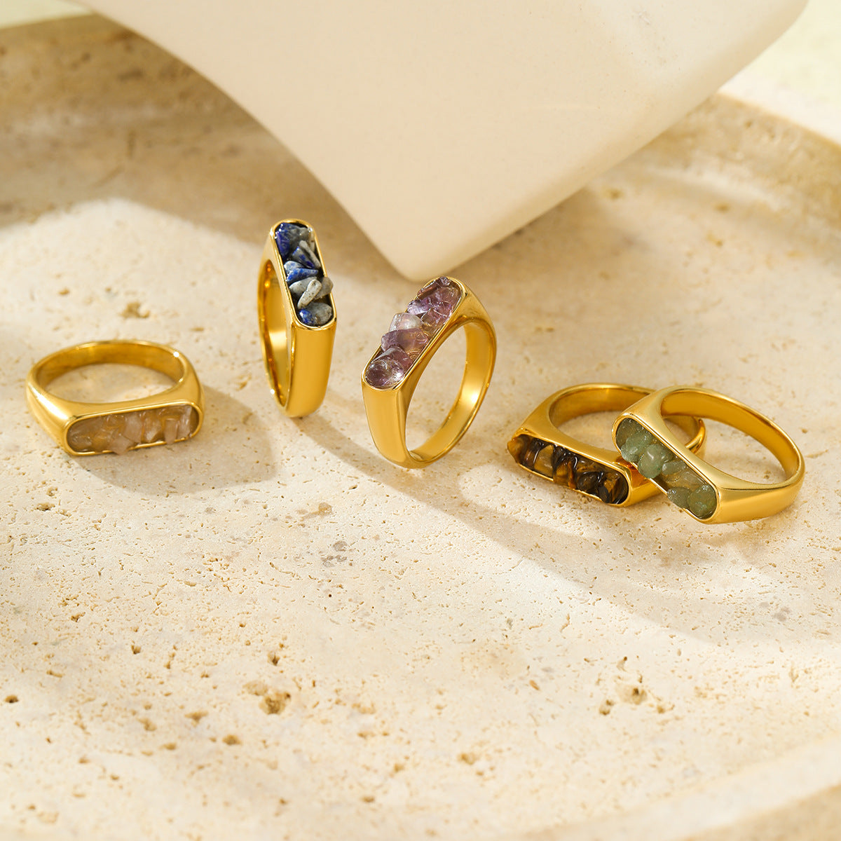 French Vintage Simple Inlaid Natural Stone Exquisite Elegant Stainless Steel Ring Rings All Match Jewelry Women - Wanita Store