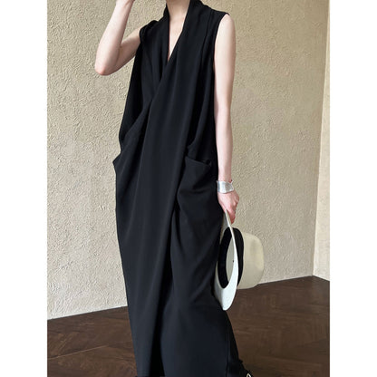 Elegant V neck Sleeveless Twisted Waist Dress Women Slimming Irregular Asymmetric High Grade Hong Kong Long Dress - Wanita Store