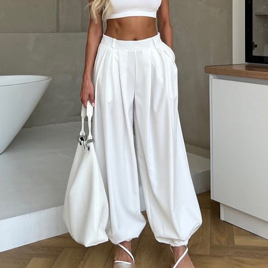 Women Clothing Simple All Match Loose Fit Tappered Trousers Pleated High Waist White Casual Pants