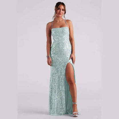 Sexy off Neck Sequined Floor Evening Dress Elegant Slit Cocktail Dress (3 Colors) - Wanita Store