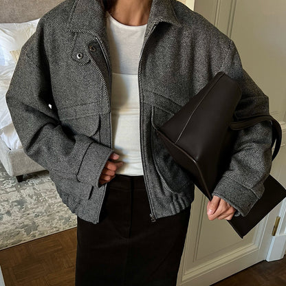 Herringbone Pattern Stand Collar Jacket Autumn Winter Zipper with Pocket Top Loose Woolen Coat - Wanita Store