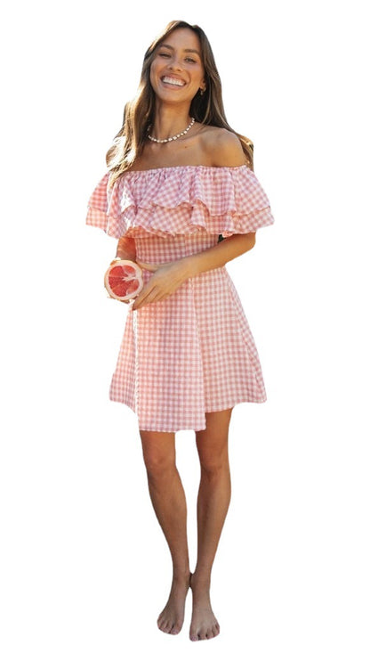Women Clothing New Plaid off-Shoulder Ruffled Collar Show Fashion Dress - Wanita Store