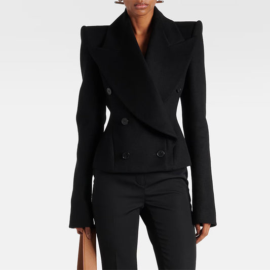Early Autumn Double Breasted Simple Slim Fit Large Collared Woolen Jacket Coat