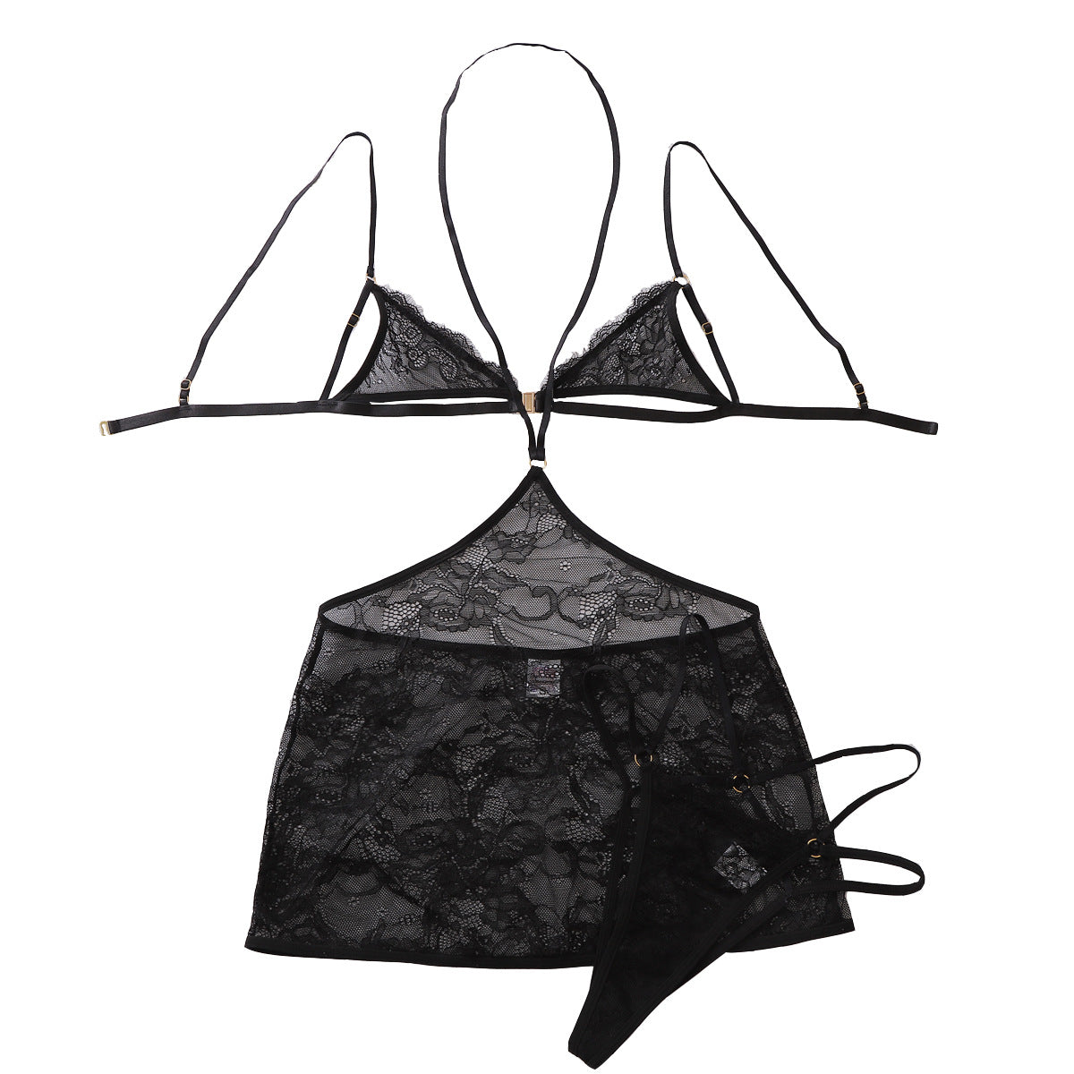 Hollow Out Cutout out See through Lace Halter Short Skirt Body Shaping Sexy Mature Three Point Underwear Split Set