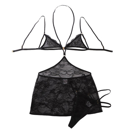 Hollow Out Cutout out See through Lace Halter Short Skirt Body Shaping Sexy Mature Three Point Underwear Split Set