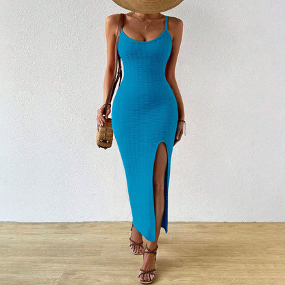 Vacation Beach Dress Women Summer Sexy Package Hip Slit Knitted Sling Midi Dress