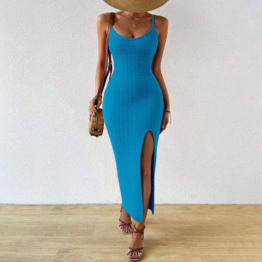 Vacation Beach Dress Women Summer Sexy Package Hip Slit Knitted Sling Midi Dress