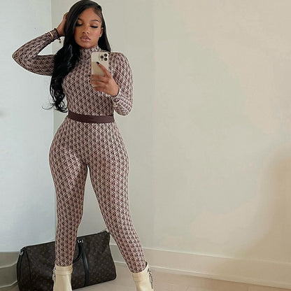 Women Clothing Printed Street round Neck Long Sleeve Trousers Body Pants Fitness Jumpsuit Women - Wanita Store