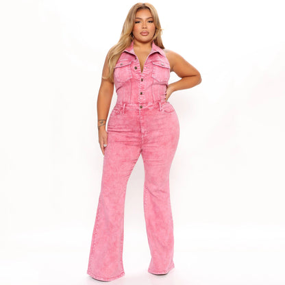 Women Clothing Denim High Elastic Sexy Backless Collared Workwear with Pocket Trousers Jumpsuit - Wanita Store