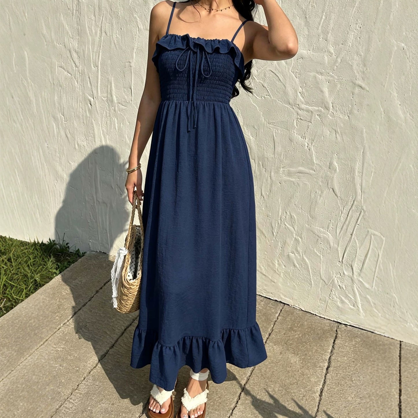 Ruffled Spaghetti Straps Dress Women Summer Tight Waist Slim Backless Long Vacation