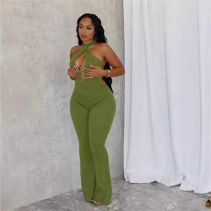 Summer Halter Slim Fit Lace up Backless Sexy Jumpsuit Bell Bottom Pants Jumpsuit Women - Wanita Store
