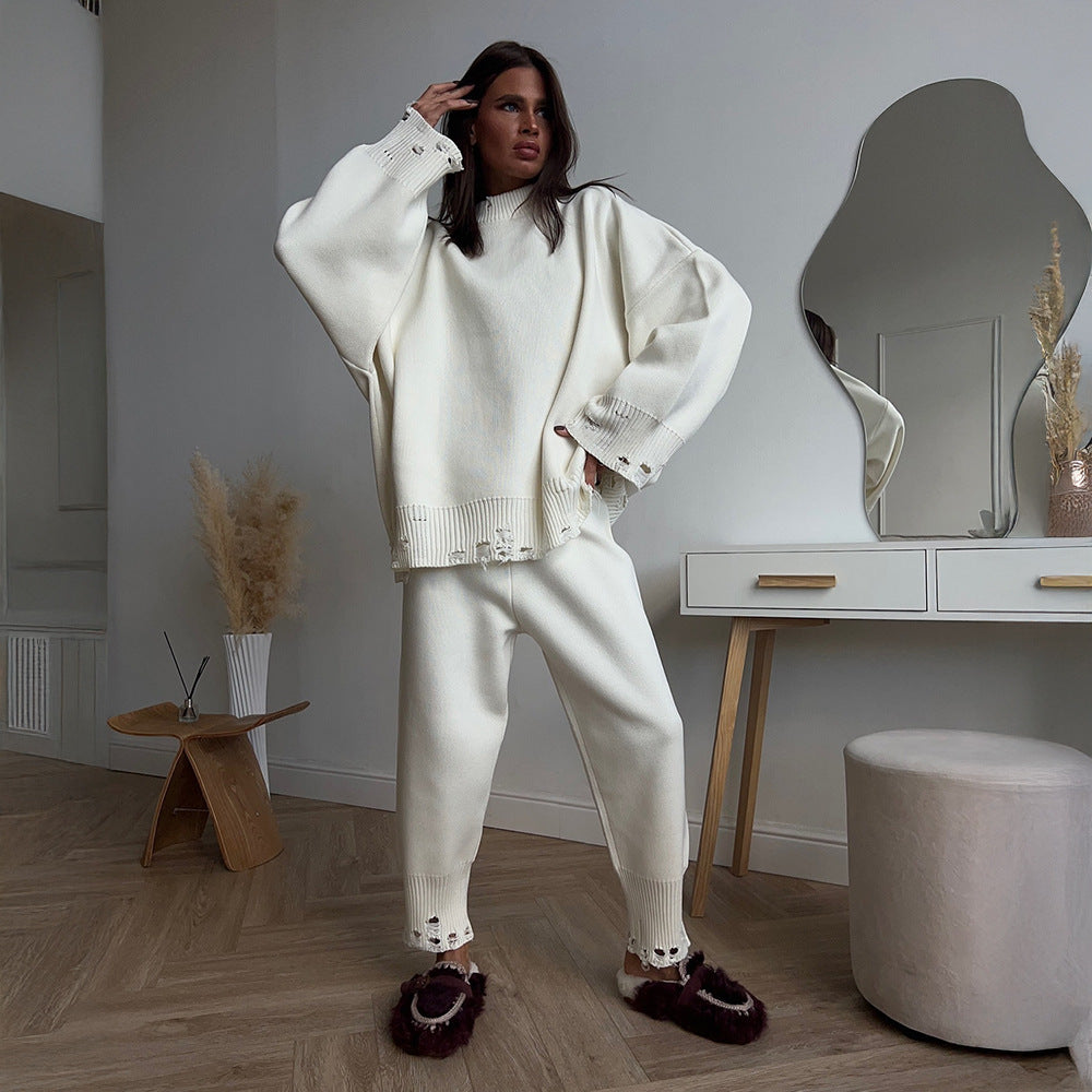 Ripped Sweater Women Autumn Winter Knitted Ankle Tight Pants Turtleneck Sweater Set
