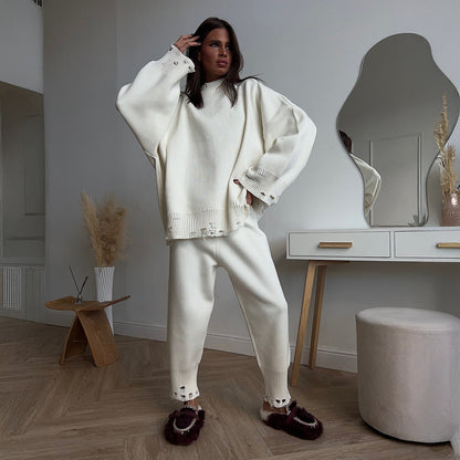 Ripped Sweater Women Autumn Winter Knitted Ankle Tight Pants Turtleneck Sweater Set - Wanita Store