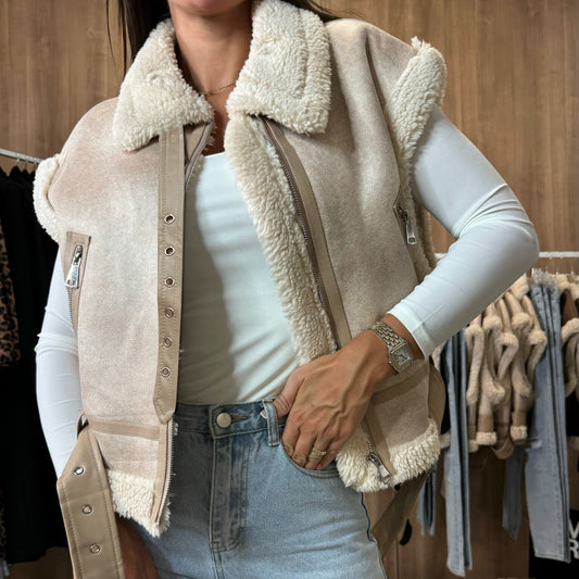 Women Clothing Motorcycle Zipper Faux Shearling Jacket Stitching Vest Vest Coat