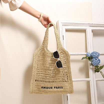 Summer Straw Woven Bag With Lace Up Pattern Suitable For Women Beach Vacation Beach Bag - Wanita Store