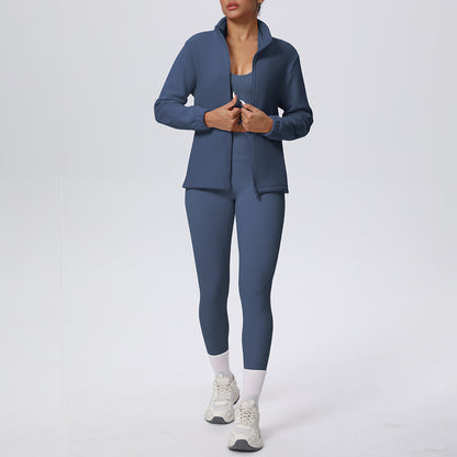 Skinny Yoga Pants High Waist Hip Lift Nude Feel Sports Long Sleeve Zipper Fleece Padded Coat Workout Clothes Yoga Suit - Wanita Store