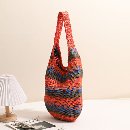Color Shoulder Straw Bag Casual Large Capacity Woven Bag Seaside Vacation Beach Bag All Matching Straw Bag - Wanita Store