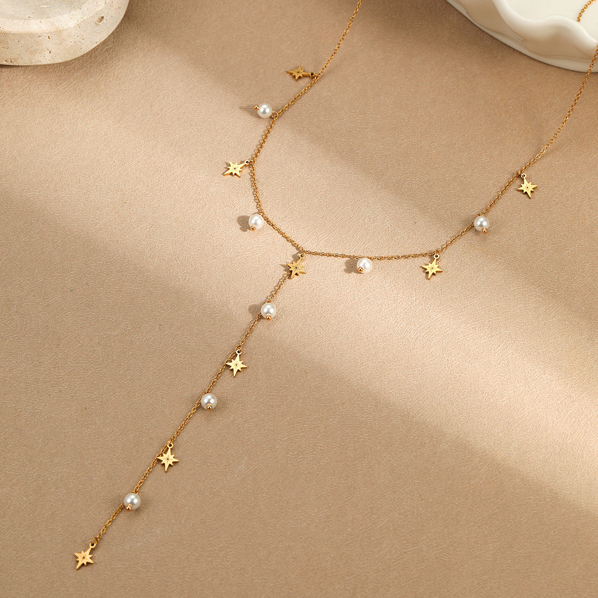 Advanced Tassel Imitation Pearl Y Word Chain Necklace Stainless Steel Plated 18K Necklace - Wanita Store