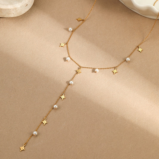 Advanced Tassel Imitation Pearl Y Word Chain Necklace Stainless Steel Plated 18K Necklace - Wanita Store