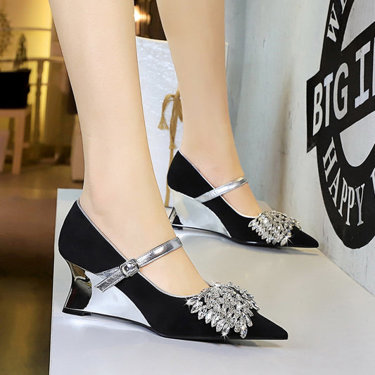 Light Luxury Pointed Toe Wedge Rhinestones Strap Bow Decoration Color Collision Design High Heel Pumps