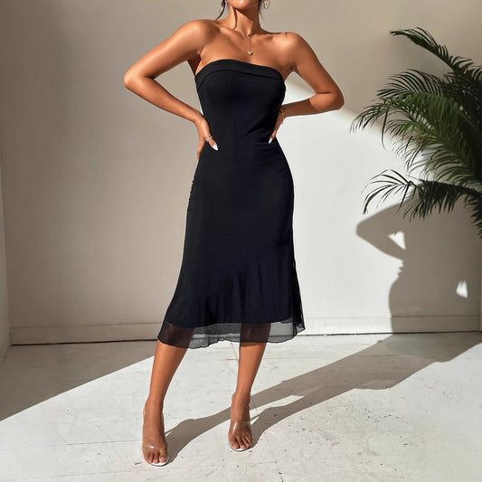 Women Solid Color Sexy Tube Top Cinched Waist Evening Dress Double Layer Mesh Stitching Dress