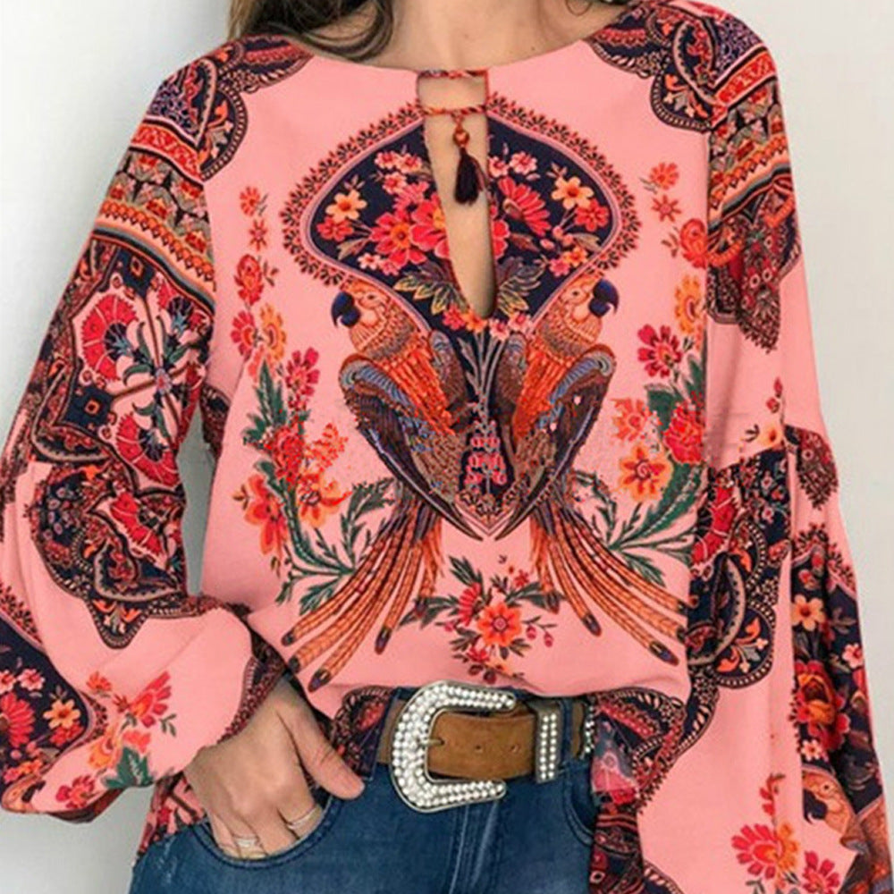 Spring Summer Women Clothing Special Women Clothing Digital Printed round Neck Lantern Sleeve Shirt - Wanita Store