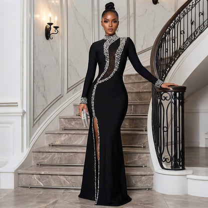 Women Clothing High Collar Long-Sleeved Dress Split Rhinestone Dress