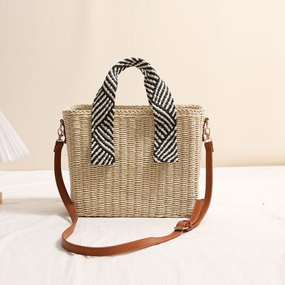 Handheld Straw Bag Square Solid Color Crossbody Woven Bag Vacation Beach Bag Large Capacity Rattan Weave Bag - Wanita Store